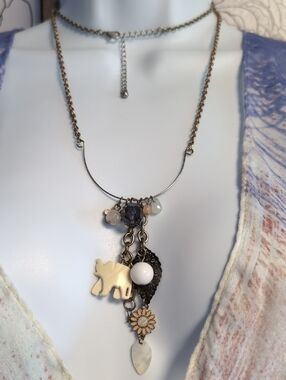 U- Shape Elephant Charm Necklace with White and Cream Accents